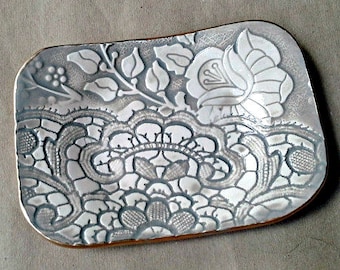 Ceramic Trinket Dish Soap Dish Sponge Holder Taupe edged in gold