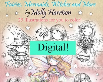 Printable Digital Download - Whimsical World Coloring Book by Molly Harrison - Sweet Fairies, Mermaids, Witches