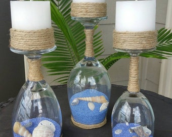 Seashell and Sand Wine Glass Candle Holders (Set of 3)