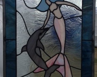 Stained Glass Mermaid with Dolphin