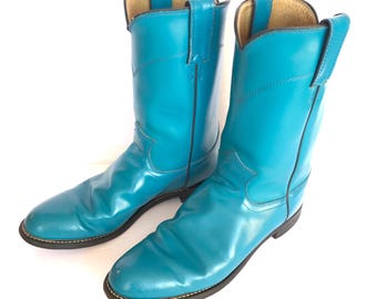 Justin Ropers Teal, Rare, Narrow 8 Women's size, Vintage Cowgirl Western Leather Boots Narrow 8, Justin Ropers Blue Leather Narrow 8