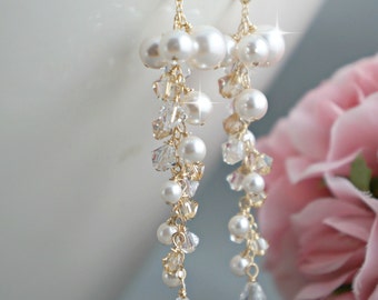 Pearl cluster earrings Bridal Earrings Crystal Pearl Jewelry Wedding Earrings. Cascading drop earrings, Swarovski champagne crystals gold