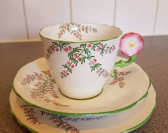 Rare Vintage Art Deco Aynsley Flower Handle Trio 1930s