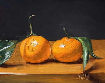Two Clementines Original Oil Painting Still Life Kitchen Art by Aleksey Vaynshteyn