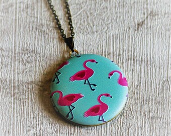 Flamingo Locket Necklace, Bird Necklace, Flamingo Pendant, Pink Bird Jewelry