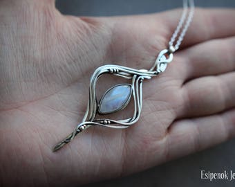 Elegant pendant Mermaid teardrop Silver jewelry Wire wrapped pendant Moonstone jewelry Silver bud Fairy gift Elven joy Tenderness