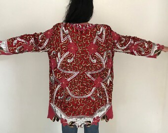 Vtg 80s floral scalloped sequined deco kimono batwing jacket coat