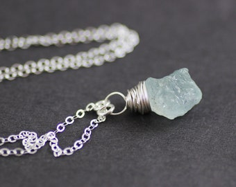 Raw Aquamarine Necklace, Aquamarine Gemstone Necklace, Light Sky Blue Necklace, Sterling Silver Necklace, Silver Aquamarine Necklace