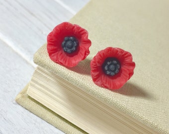 Red Poppy Stud Earrings, Red Poppy Studs, Red Flower Studs, Stainless Steel Studs, Red Floral Studs (SE9)