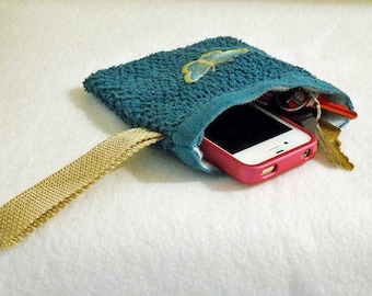 Cell Phone Wristlet Teal Terry Cloth With Butterfly Free Shipping