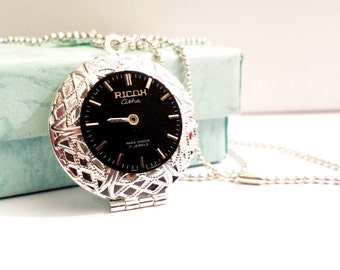 Silver steampunk round locket filigree black watch face clock gear pendant bronze ball chain necklace Israel Hand made