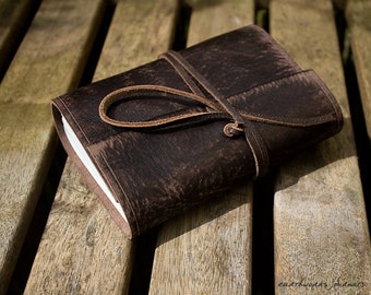 A6, Standard, Distressed Leather Journal, Leather Wraparound Journal, Travel Journal, Dark Brown Leather, Wrap Notebook, Blank Book, Rustic.