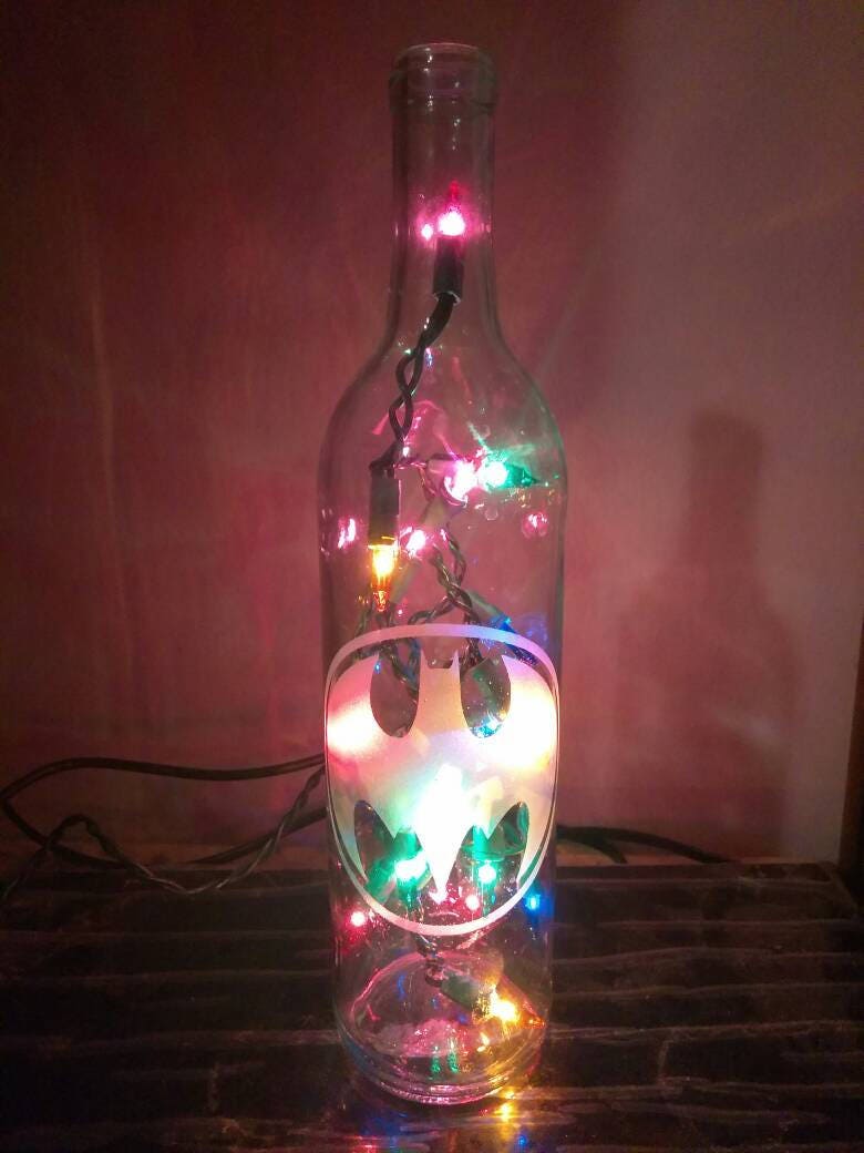 Batman Hand Etched Wine Bottle Lamp Bat Signal Batman