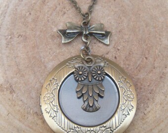 Antique Brass Owl Locket Necklace Victorian Jewelry Gift Vintage Style