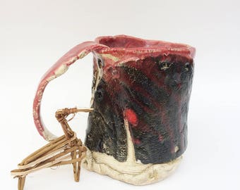 XL Fabulous Funky Coffee Mug, Wonky, 20 oz, Asymmetrical, Stoneware, Rustic Cup, Hobbit, Primitive, Red Grey, Weird