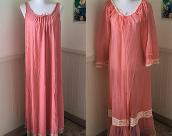Vintage 1960's Hot Pink Princess Nightgown / Peignoir Set / Robe / Lingerie by Deena styled in California