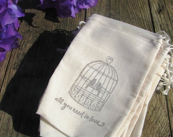 25 Love bird and quote stamped muslin drawstring bags