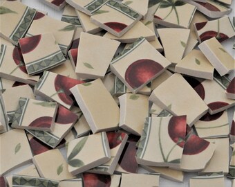 100 Broken China Mosaic Tile -Recycled Plates - Whimsical - Apple - Colorful Red - Fruit -