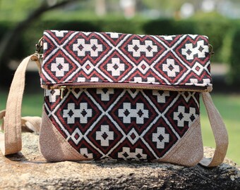 Burgundy Geometric FoldOver crossbody bag Bohemian FoldOver Clutch Bag Fold over women's bag Hippie bag Vegan Bag