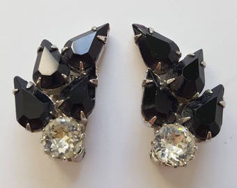 Vintage Weiss Rhinestone Clip Earrings, Black Teardrop Rhinestones, Signed Weiss, Circa 1950