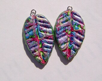 Colorful Leaf Charms Handmade Artisan Polymer Clay Charm Pair