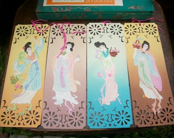 Set Of 8 Old Paper Chinese Folk Arts Tennyo Apsaras Fairies Book Marker Original Presentation Box