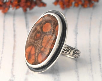 Poppy Jasper Ring - sterling silver Poppy Jasper statement ring - US size 7 - oval poppy japer ring floral band - silver poppy jasper ring