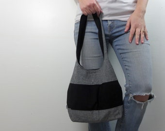 color block medium handbag black/gray linen with black center panel and black interior. ready to ship and clearance priced.