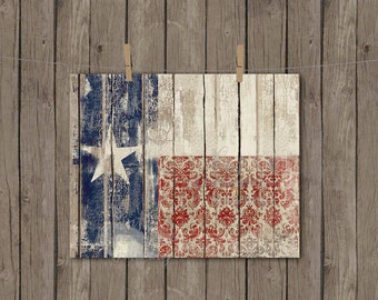 Texas Flag Art Print instant download vintage wood chippy paint distressed worn white red blue lone star home decor apartment nursery