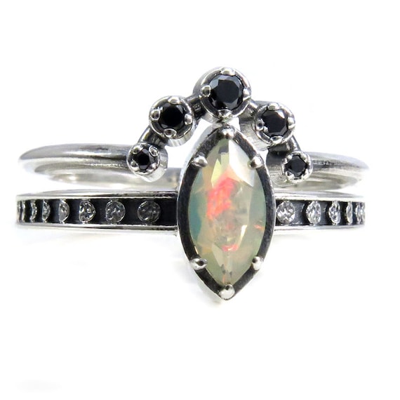 Opal Moon Ring with Black Diamond Orbit Wedding Band - Sterling Silver Engagement Ring Set