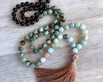Shore Break Mala ~ Amazonite, Turquoise africaine & obsidienne ~ 108 perles, à la main nouée, pompon collier, chakra, collier d’yoga, la méditation bea