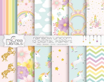 Unicorn pastel rainbow papers - gold glitter unicorn pattern - floral unicorn - 12 digital paper pack - INSTANT DOWNLOAD