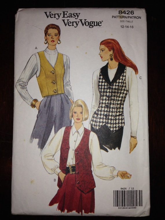 Very Easy Very Vogue 8426 Sewing Pattern 1990s Uncut Misses and Misses Petite Vest Size 12-14-16