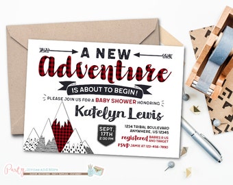 Adventure Baby Shower Invitation, A New Adventure Baby Shower Invitation, Buffalo Plaid Invitation, Adventure Awaits Baby Shower
