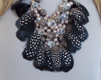 Black Feather and Beaded Statement Necklace