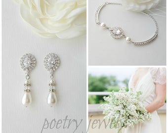 Bridesmaid Gift Set, Wedding Bracelet and Earrings, Crystal Bridal Earrings, Pearl Drop Earrings, Bridal Bracelet, Jewelry Set, Sophia