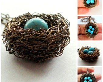 1,2,3,4,5,6,7,8,9,10,11,12,Personalized,bird nest necklace,turquoise nest necklace,bronze,nest,necklace,Robin egg nest necklace,robin nest