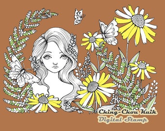 SummerGarden - Digital Stamp PRINTABLE Instant Download / Butterfly Flora Flower Fairy Fantasy Line Art by Ching-Chou Kuik