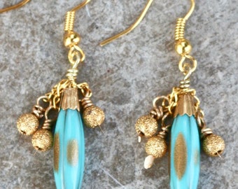 Upcycled Vintage Earrings, Reclaimed Assemblage, Pierced, Gold, Aqua, Turquoise, Hook, Leverback Post, Choice, Jennifer Jones, OOAK, Exotic