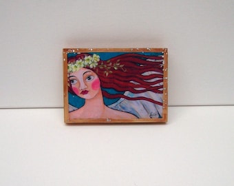 Folk Art Angel Painting Woodblock Print Encaustic 5 1/2" x 4"