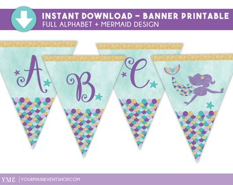 Mermaid Party Printable Banner • Water Color Mermaid Birthday Party Banner Instant Download
