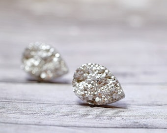 Silver Teardrop Druzy Stud Earrings, Metallic Faux Drusy Stainless Steel Studs, Sparkly Jewelry