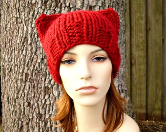Knit Hat Red Womens Hat - Cat Beanie Hat in Poinsettia Metallic Red Knit Hat - Red Hat Red Beanie Red Cat Hat Womens Accessories Winter Hat