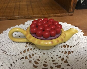 Vintage miniature cherry pie tea pot. Super cute. Trinket box, ring storage