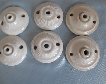 6 Ceiling light roses, French Art Nouveau, vintage, ceramic, porcelain, moulded in rose petal shape, 3 pairs available