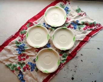 Homer Laughlin Embossed OVEN SERVE Stoneware Set of 4 Saucers- Vintage Dishes -Creamy Ivory Floral Designs & Green Rose Highlighting-USA