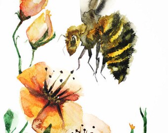 ORIGINAL watercolor BEE painting, Bumblebee watercolor, watercolor original, home decor, bumble bee watercolor, flowers watercolor Art OOAK