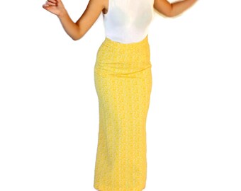 60s yellow skirt. Vintage maxi skirt. Long A-line skirt. Jacquard skirt. Floral skirt. Mad Men fashion. Mother'r Day Gift.