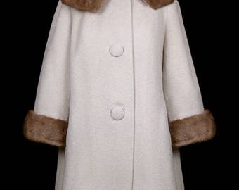 Norman Norell designed wool coat with mink fur collar cuffs, 1940s 1960s designer couture jacket, mod, cold weather beige tan, Traina Norell