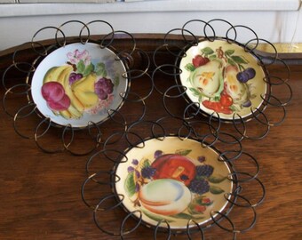 Hand Painted Fruit Plates/Porcelain/Plaques /Japan/Wall Hanging/Cottage Chic Set of 3